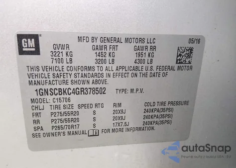 2016 Chevrolet Tahoe Lt z USA, uszkodzony, nr VIN 1GNSCBKC4GR378502